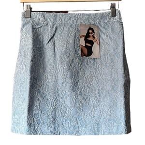 NWT Naked Wardrobe Women's Floral Lace Mini Skirt Back Zip Light Blue Size Small